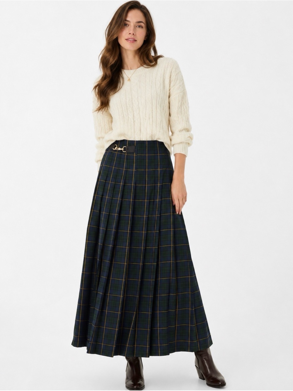 COMMENSE Pleated Plaid Buckle Maxi Skirt Dark Green Tartan Old Money Preppy L
